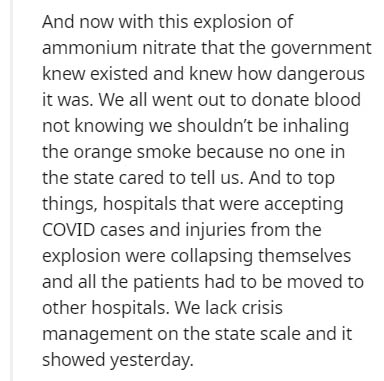 document - And now with this explosion of ammonium nitrate that the government knew existed and knew how dangerous it was. We all went out to donate blood not knowing we shouldn't be inhaling the orange smoke because no one in the state cared to tell us. 