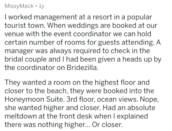 document - MissyMackly I worked management at a resort in a popular tourist town. When weddings are booked at our venue with the event coordinator we can hold certain number of rooms for guests attending. A manager was always required to check in the brid