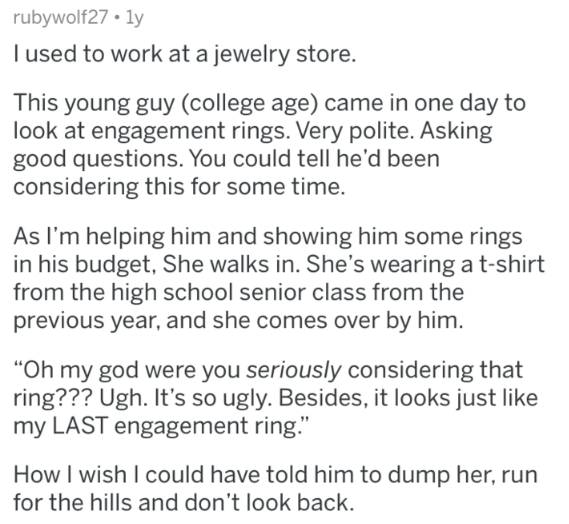 document - rubywolf27.ly I used to work at a jewelry store. This young guy college age came in one day to look at engagement rings. Very polite. Asking good questions. You could tell he'd been considering this for some time. As I'm helping him and showing