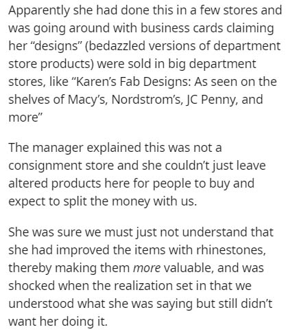 document - Apparently she had done this in a few stores and was going around with business cards claiming her "designs" bedazzled versions of department store products were sold in big department stores, Karen's Fab Designs As seen on the shelves of Macy'