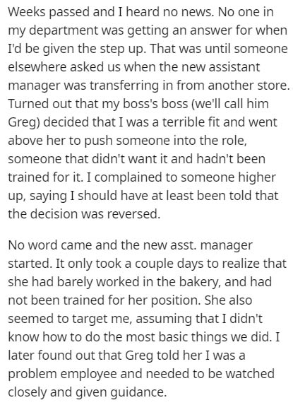document - Weeks passed and I heard no news. No one in my department was getting an answer for when I'd be given the step up. That was until someone elsewhere asked us when the new assistant manager was transferring in from another store. Turned out that 