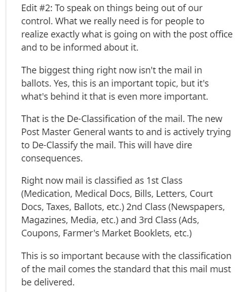 document - Edit To speak on things being out of our control. What we really need is for people to realize exactly what is going on with the post office and to be informed about it. The biggest thing right now isn't the mail in ballots. Yes, this is an imp