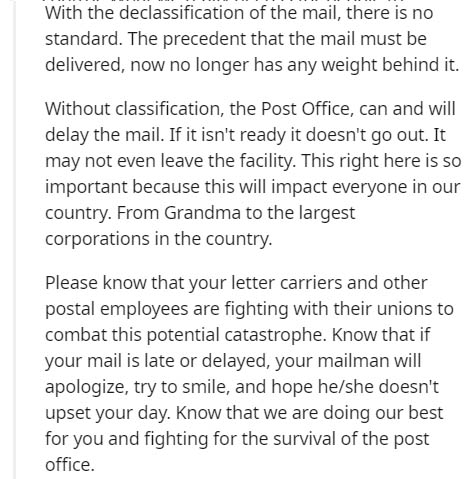 document - With the declassification of the mail, there is no standard. The precedent that the mail must be delivered, now no longer has any weight behind it. Without classification, the Post Office, can and will delay the mail. If it isn't ready it doesn