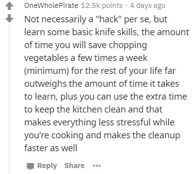 notmyariel twitter - OneWholePirate points . 4 days ago Not necessarily a "hack" per se, but learn some basic knife skills, the amount of time you will save chopping vegetables a few times a week minimum for the rest of your life far outweighs the amount 