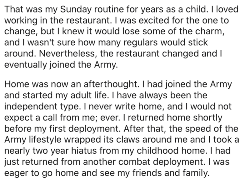 angle - That was my Sunday routine for years as a child. I loved working in the restaurant. I was excited for the one to change, but I knew it would lose some of the charm, and I wasn't sure how many regulars would stick around. Nevertheless, the restaura
