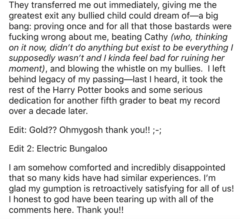 Gravitational field - They transferred me out immediately, giving me the greatest exit any bullied child could dream ofa big bang proving once and for all that those bastards were fucking wrong about me, beating Cathy who, thinking on it now, didn't do an