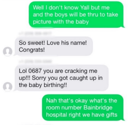 material - Well I don't know Yall but me and the boys will be thru to take picture with the baby So sweet! Love his name! Congrats! Lol 0687 you are cracking me up!!! Sorry you got caught up in the baby birthing!! Nah that's okay what's the room number Ba