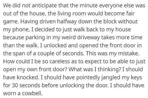 We did not anticipate that the minute everyone else was out of the house, the living room would become fair game. Having driven halfway down the block without my phone, I decided to just walk back to my house because parking in my weird driv