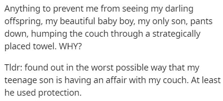 Anything to prevent me from seeing my darling offspring, my beautiful baby boy, my only son, pants down, humping the couch through a strategically placed towel. Why? Tldr found out in the worst possible way that my teenage son is having a