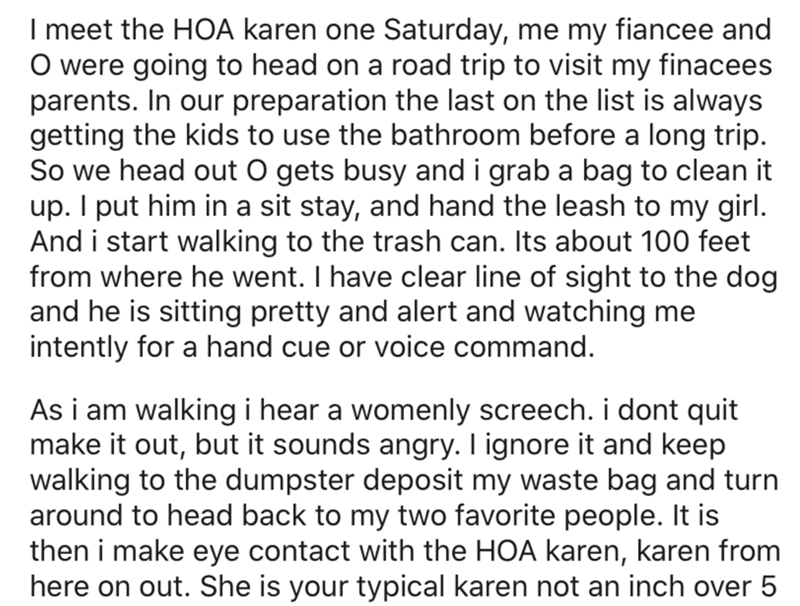 I meet the Hoa karen one Saturday, me my fiancee and O were going to head on a road trip to visit my finacees parents. In our preparation the last on the list is always getting the kids to use the bathroom before a long trip. So we head out O gets