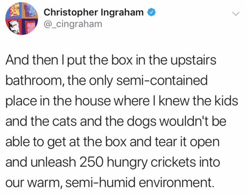 Christopher Ingraham And then I put the box in the upstairs bathroom, the only semicontained place in the house where I knew the kids and the cats and the dogs wouldn't be able to get at the box and tear it open and unleash 250 hungry crickets into our…
