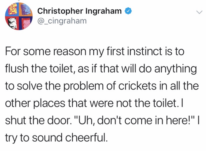 Christopher Ingraham For some reason my first instinct is to flush the toilet, as if that will do anything to solve the problem of crickets in all the other places that were not the toilet. I shut the door. "Uh, don't come in here!" | try to sound…