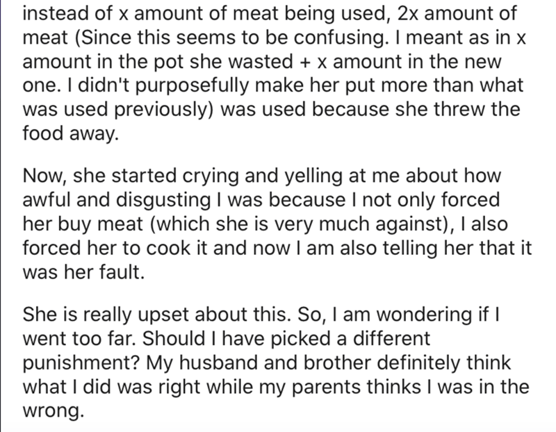 JPEG - instead of x amount of meat being used, 2x amount of meat Since this seems to be confusing. I meant as in x amount in the pot she wasted x amount in the new one. I didn't purposefully make her put more than what was used previously was used because