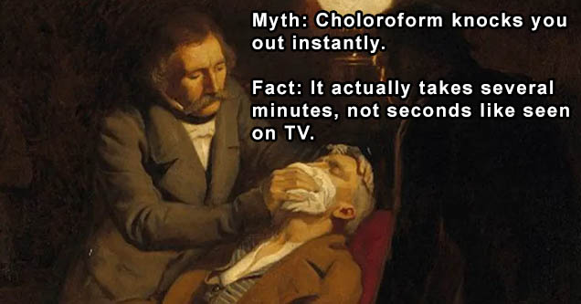 anesthesia in the civil war - Myth Choloroform knocks you out instantly. Fact It actually takes several minutes, not seconds seen on Tv.