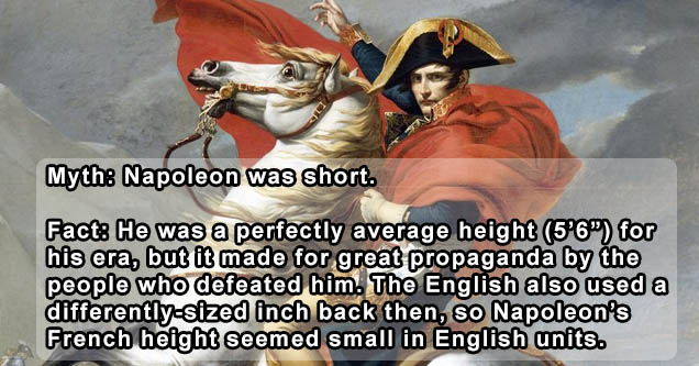 napoleon bonaparte - Myth Napoleon was short. Fact He was a perfectly average height 5'6" for his era, but it made for great propaganda by the people who defeated him. The English also used a differentlysized inch back then, so Napoleon's French height se