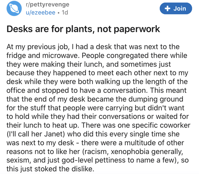 angle - rpettyrevenge uezeebee 1d Join Desks are for plants, not paperwork At my previous job, I had a desk that was next to the fridge and microwave. People congregated there while they were making their lunch, and sometimes just because they happened to