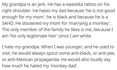 handwriting - My grandpa is an jerk. He has a swastika tattoo on his right shoulder. He hates my dad because 'he is not good enough for my mom', he is black and because he is a Sahd. He disowned my mom for 'marrying a monkey'. The only member of the famil