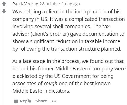 document - Pandaveekay 28 points . 1 day ago Was helping a client in the incorporation of his company in Us. It was a complicated transaction involving several shell companies. The tax advisor client's brother gave documentation to show a significant redu