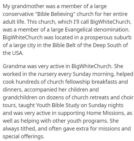 JPEG - My grandmother was a member of a large conservative 'Bible Believing' church for her entire adult life. This church, which I'll call BigWhiteChurch, was a member of a large Evangelical denomination. BigWhiteChurch was located in a prosperous suburb