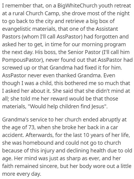 one malayalam story - I remember that, on a BigWhiteChurch youth retreat at a rural Church Camp, she drove most of the night to go back to the city and retrieve a big box of evangelistic materials, that one of the Assistant Pastors whom I'll call AssPasto