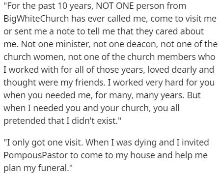 handwriting - 'For the past 10 years, Not One person from BigWhiteChurch has ever called me, come to visit me or sent me a note to tell me that they cared about me. Not one minister, not one deacon, not one of the church women, not one of the church membe