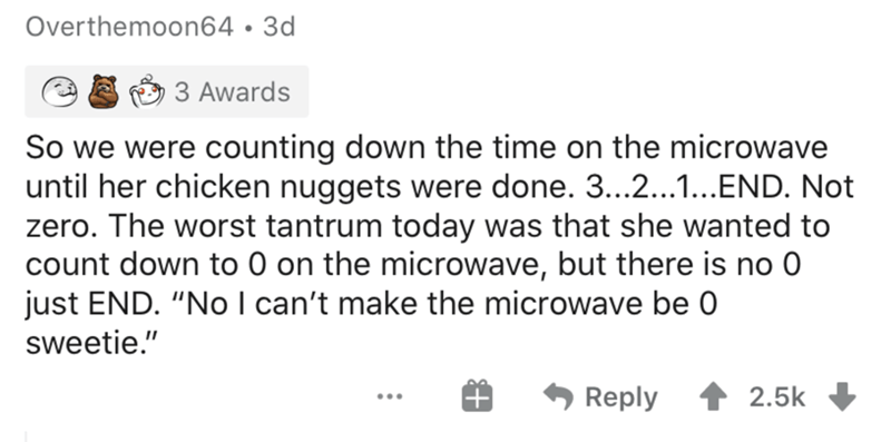paper - Overthemoon64. 3d 3 Awards So we were counting down the time on the microwave until her chicken nuggets were done. 3...2...1...End. Not zero. The worst tantrum today was that she wanted to count down to 0 on the microwave, but there is no 0 just E