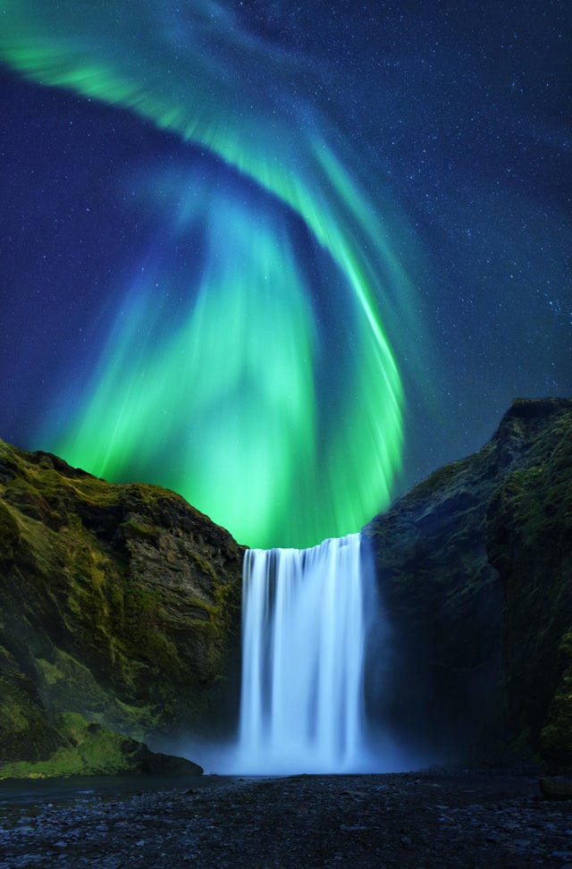 nature photo - iceland waterfall aurora borealis