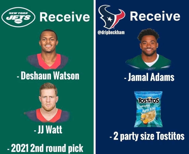 banner - Jets Receive Receive Deshaun Watson Jamal Adams Tostatos Original Party Site Jj Watt 2 party size Tostitos 2021 2nd round pick