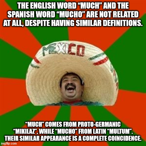 funny mexican - The English Word "Much" And The Spanish Word "Mucho" Are Not Related At All, Despite Having Similar Definitions. "Much" Comes From ProtoGermanic "Mikilaz", While "Mucho" From Latin Multum". Their Similar Appearance Is A Complete Coincidenc