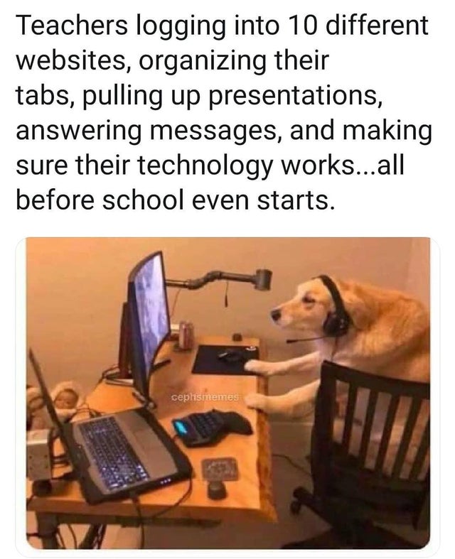 dog gaming meme - Teachers logging into 10 different websites, organizing their tabs, pulling up presentations, answering messages, and making sure their technology works...all before school even starts. cephismemes