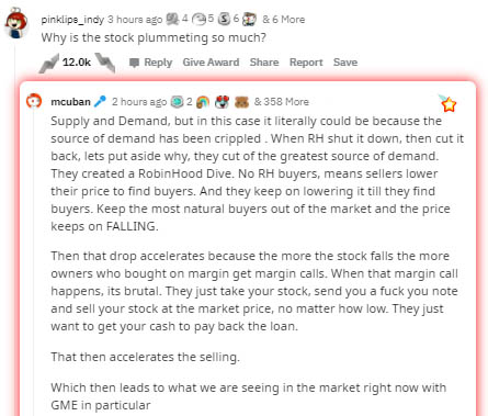 document - pinklips_indy 3 hours ago 24 556 & 6 More Why is the stock plummeting so much? 12.Ok Give Award Report Save mcuban 2 hours ago 2 & 358 More Supply and Demand, but in this case it literally could be because the source of demand has been crippled