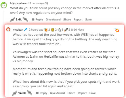 document - bigupeyaheard 2 hours ago What do you think could possibly change in the market after all of this is over? Any new regulations on your mind? Give Award Report Save mcuban 2 hours ago $2 283 2 & 16 More What has happened the past few weeks with 