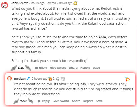 document - JazinAdama 2 hours ago edited 2 hours ago What do you think about the media. Lying about what Reddit wsb is talking and excited about. For me it showed that the world is evil and everyone is bought. I still trusted some media but u really can't