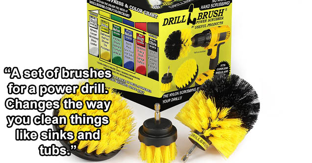 scrubber cleaning kit - Ness & Color Chart Dondu Cona Hand Scaurang Drill Brush Power Sorber Are Products Lalu ta es Uhr Lai V Wp Ar Re The Manson Your St A set of brushes for a power drillo Changes the way you clean things sinks and tubs.