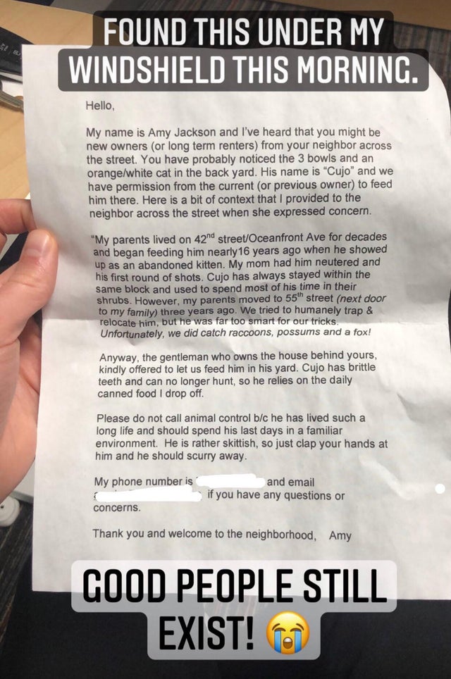 Found This Under My Windshield This Morning. Hello, My name is Amy Jackson and I've heard that you might be new owners or long term renters from your neighbor across the street. You have probably noticed the 3 bowls and an orangewhite cat in the back yard