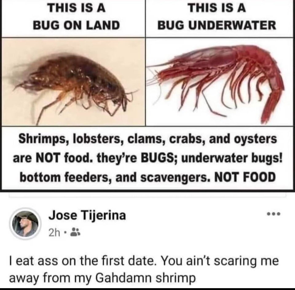 dirty memes - bug on land - This Is A Bug On Land This Is A Bug Underwater Shrimps, lobsters, clams, crabs, and oysters are Not food. they're Bugs; underwater bugs! bottom feeders, and scavengers. Not Food Jose Tijerina 2h. I eat ass on the first date. Yo