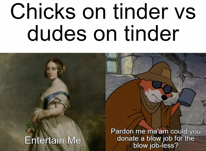 dirty memes - chicks on tinder vs dudes on tinder meme - Chicks on tinder vs dudes on tinder Entertain Me Pardon me ma'am could you donate a blow job for the blow jobless?