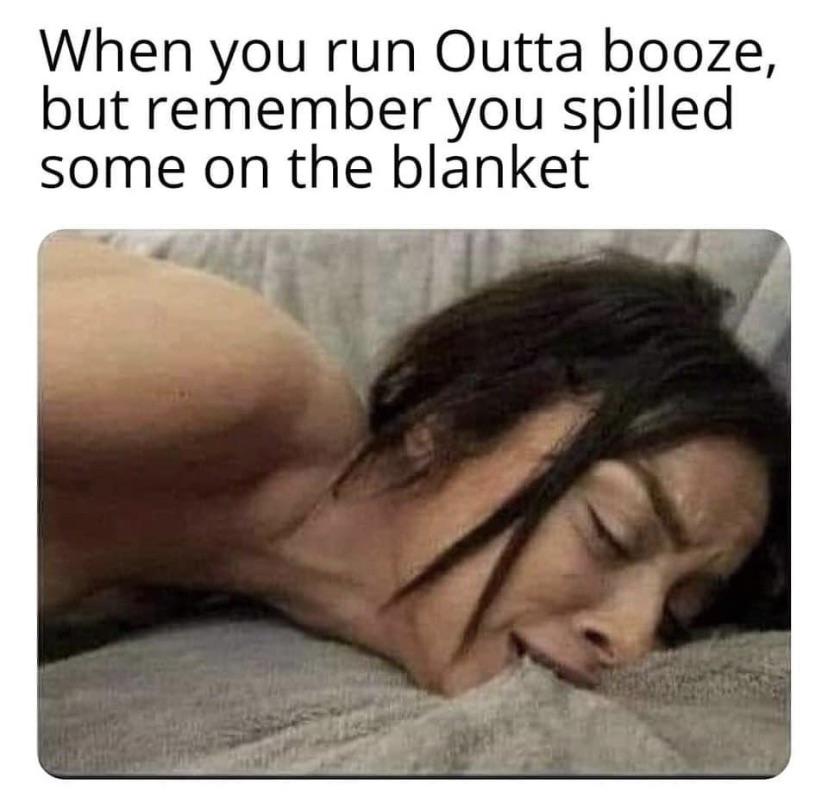 dirty memes - photo caption - When you run Outta booze, but remember you spilled some on the blanket