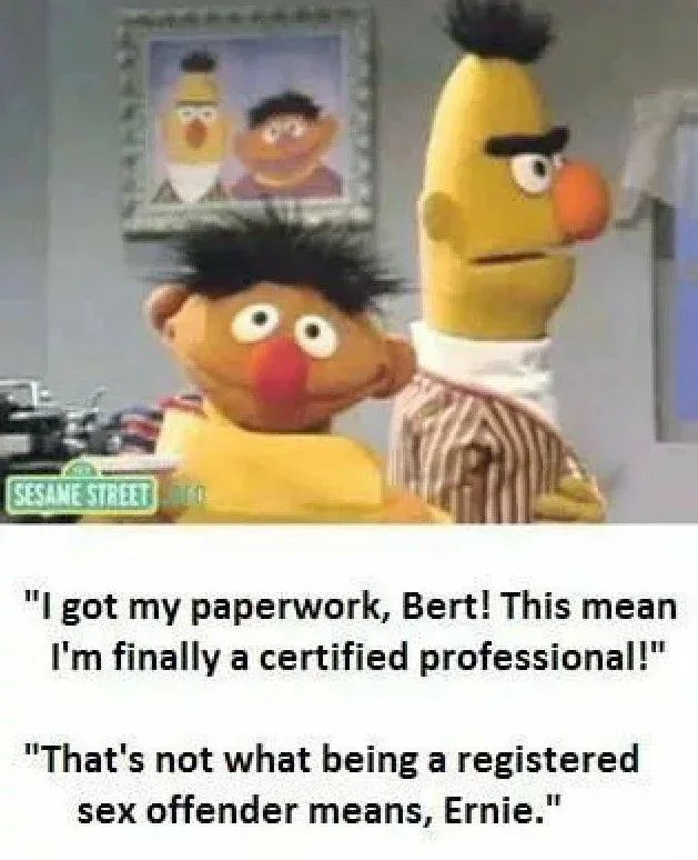 dark memes - bert and ernie memes dark - ca Oo Sesame Steletto "I got my paperwork, Bert! This mean I'm finally a certified professional!" "That's not what being a registered sex offender means, Ernie."