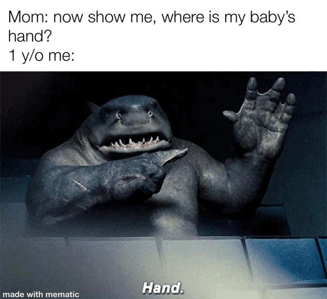 king shark hand meme - Mom now show me, where is my baby's hand? 1 yo me Hand. made with mematic
