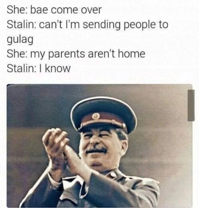 dark-memes memes de stalin - She bae come over Stalin can't I'm sending people to gulag She my parents aren't home Stalin I know