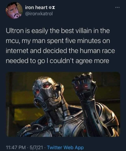 dark-memes avengers age of ultron dr helen cho - iron heart ox Ultron is easily the best villain in the mcu, my man spent five minutes on internet and decided the human race needed to go I couldn't agree more 5721 Twitter Web App