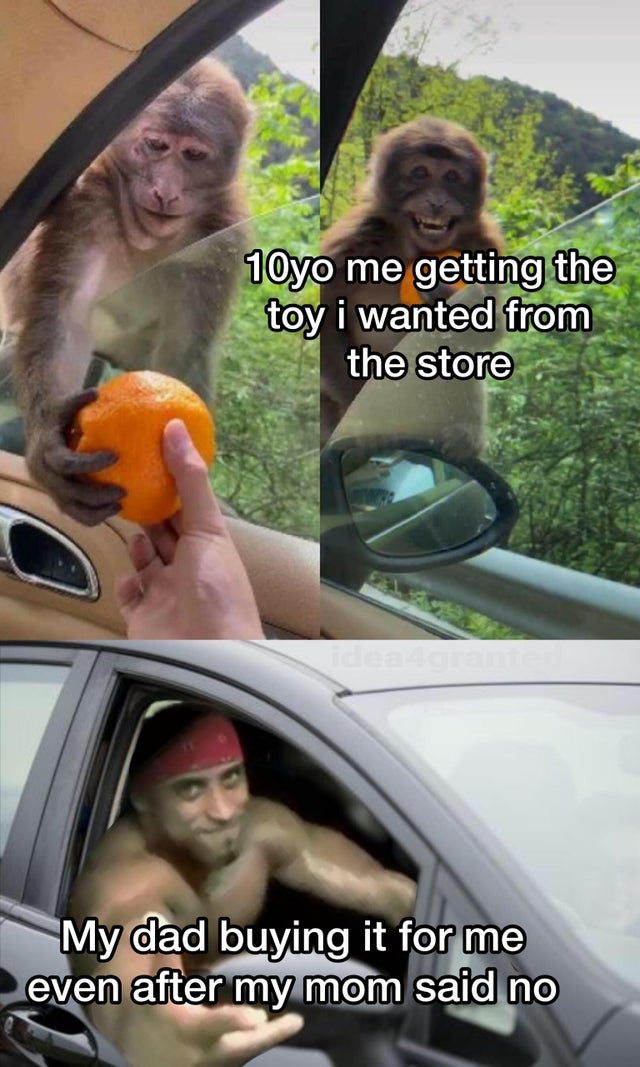happy monkey - 10yo me getting the toy i wanted from the store Tale My dad buying it for me even after my mom said no