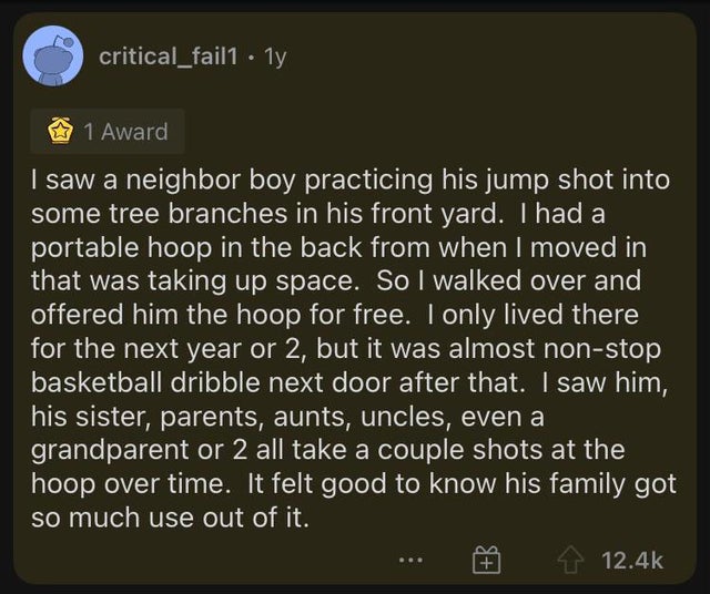 screenshot - critical_fail1 . 1y 1 Award I saw a neighbor boy practicing his jump shot into some tree branches in his front yard. I had a portable hoop in the back from when I moved in that was taking up space. So I walked over and offered him the hoop fo