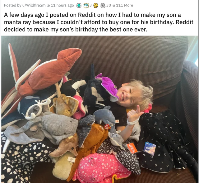 photo caption - Posted by uWildfireSmile 11 hours ago 30 & 111 More A few days ago I posted on Reddit on how I had to make my son a manta ray because I couldn't afford to buy one for his birthday. Reddit decided to make my son's birthday the best one ever
