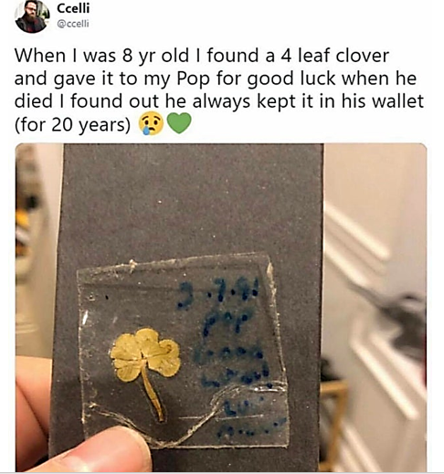 Four-leaf clover - Ccelli When I was 8 yr old I found a 4 leaf clover and gave it to my Pop for good luck when he died I found out he always kept it in his wallet for 20 years