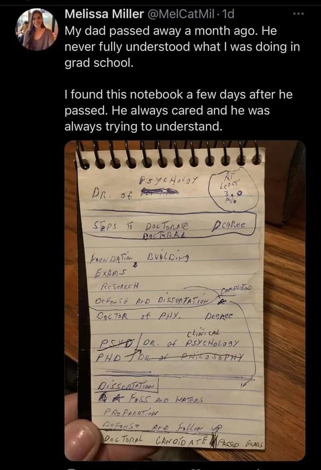 writing - Melissa Miller . 1d My dad passed away a month ago. He never fully understood what I was doing in grad school. I found this notebook a few days after he passed. He always cared and he was always trying to understand. Psycholgy M Leist Dr. of 3,0