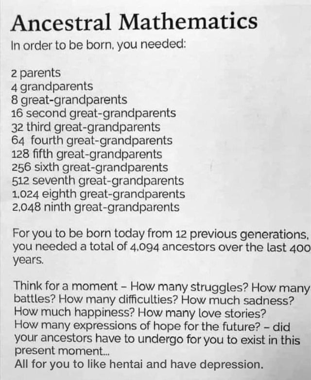 document - Ancestral Mathematics In order to be born, you needed 2 parents 4 grandparents 8 greatgrandparents 16 second greatgrandparents 32 third greatgrandparents 64 fourth greatgrandparents 128 fifth greatgrandparents 256 sixth greatgrandparents 512 se