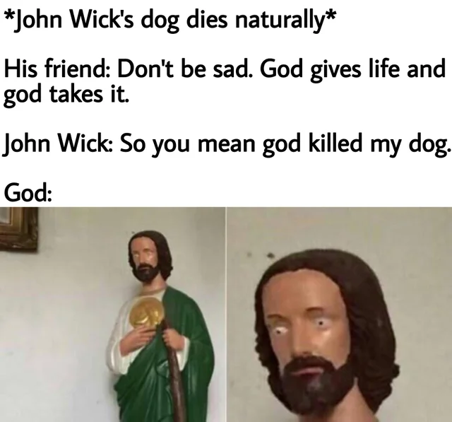 dark memes- saint jude meme - John Wick's dog dies naturally His friend Don't be sad. God gives life and god takes it. John Wick So you mean god killed my dog. God