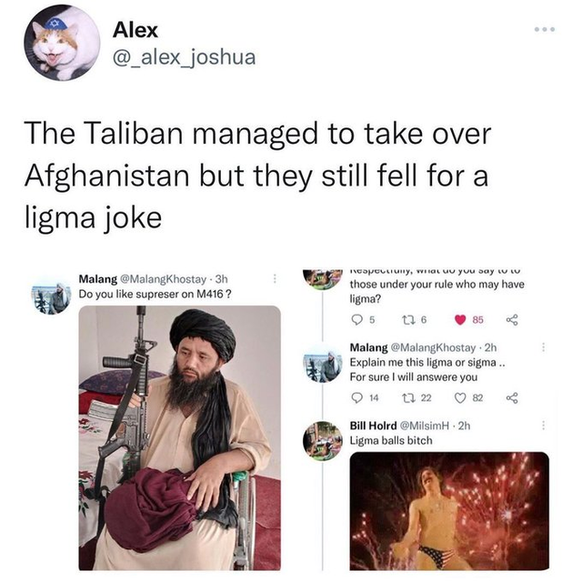 dark memes- afghanistan ligma - Alex The Taliban managed to take over Afghanistan but they still fell for a ligma joke Malang Malang hostay. 3h Do you supreser on M416 ? y, you say those under your rule who may have ligma? 95 t26 85 Malang MalangKhostay2h
